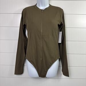 Mott50 Mila Safari Solid Rib One Piece Swimsuit Long Sleeve Green sz L